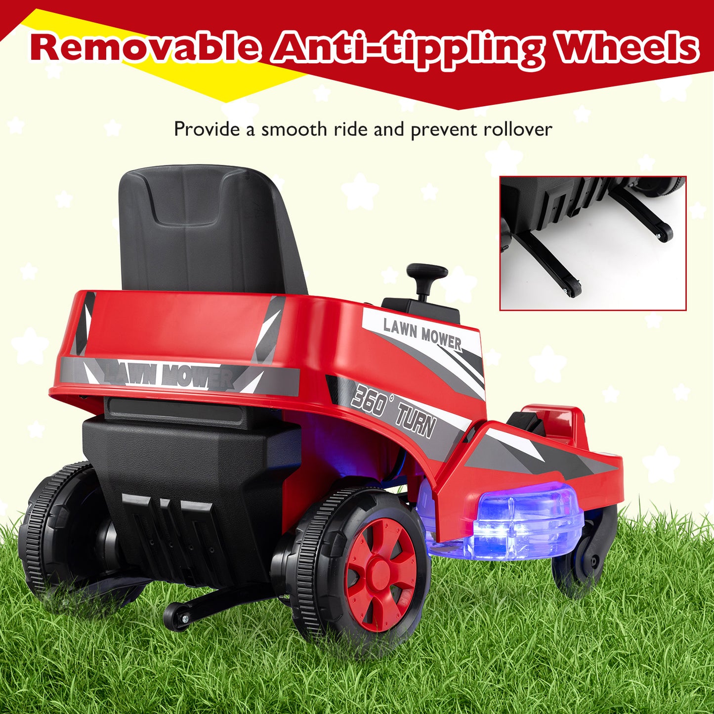 12V Ride On Lawn Mower | Dual Control LED Lights Red
