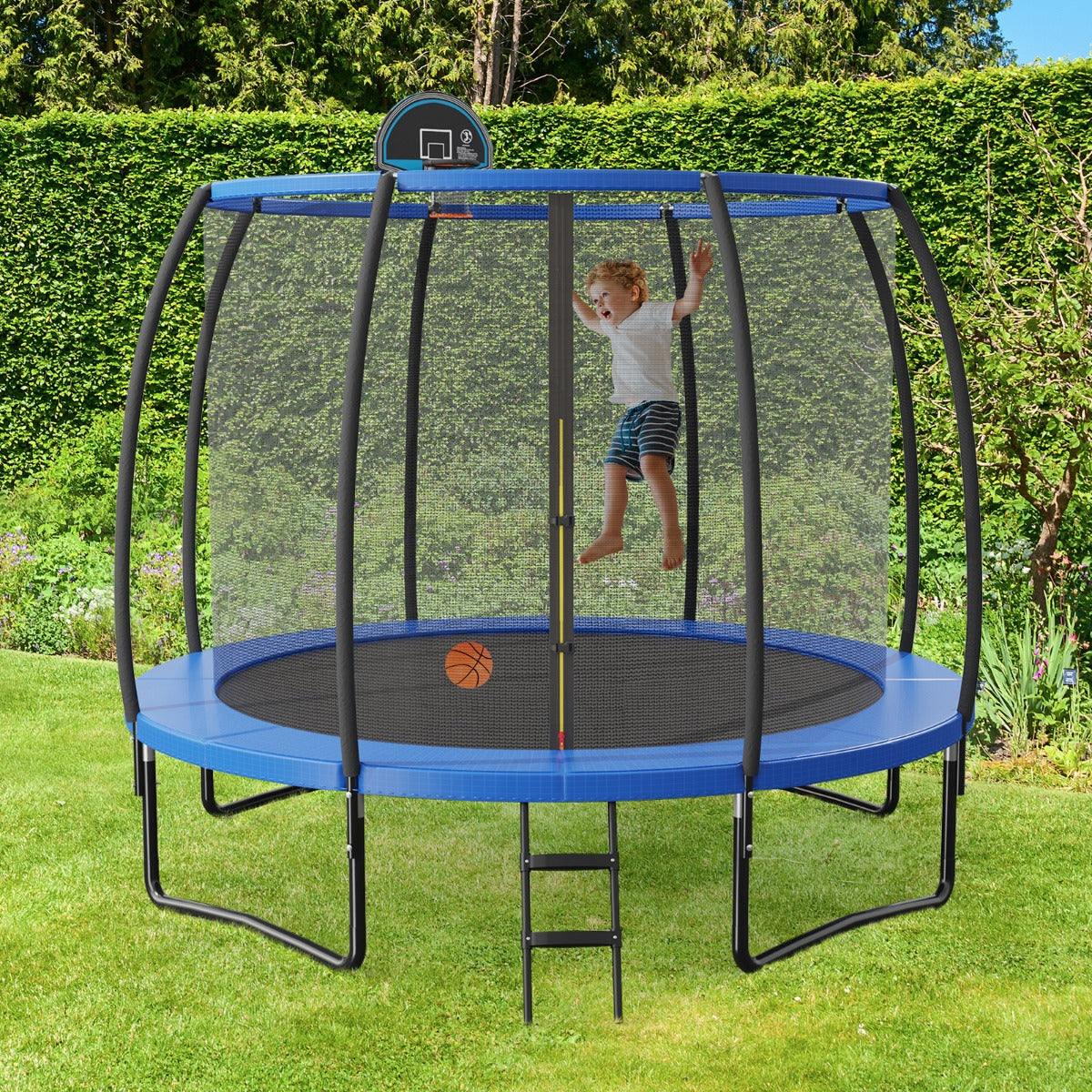 12 Ft Blue Trampoline | Basketball Hoop & Enclosure Net