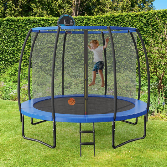 12 Ft Blue Trampoline | Basketball Hoop & Enclosure Net