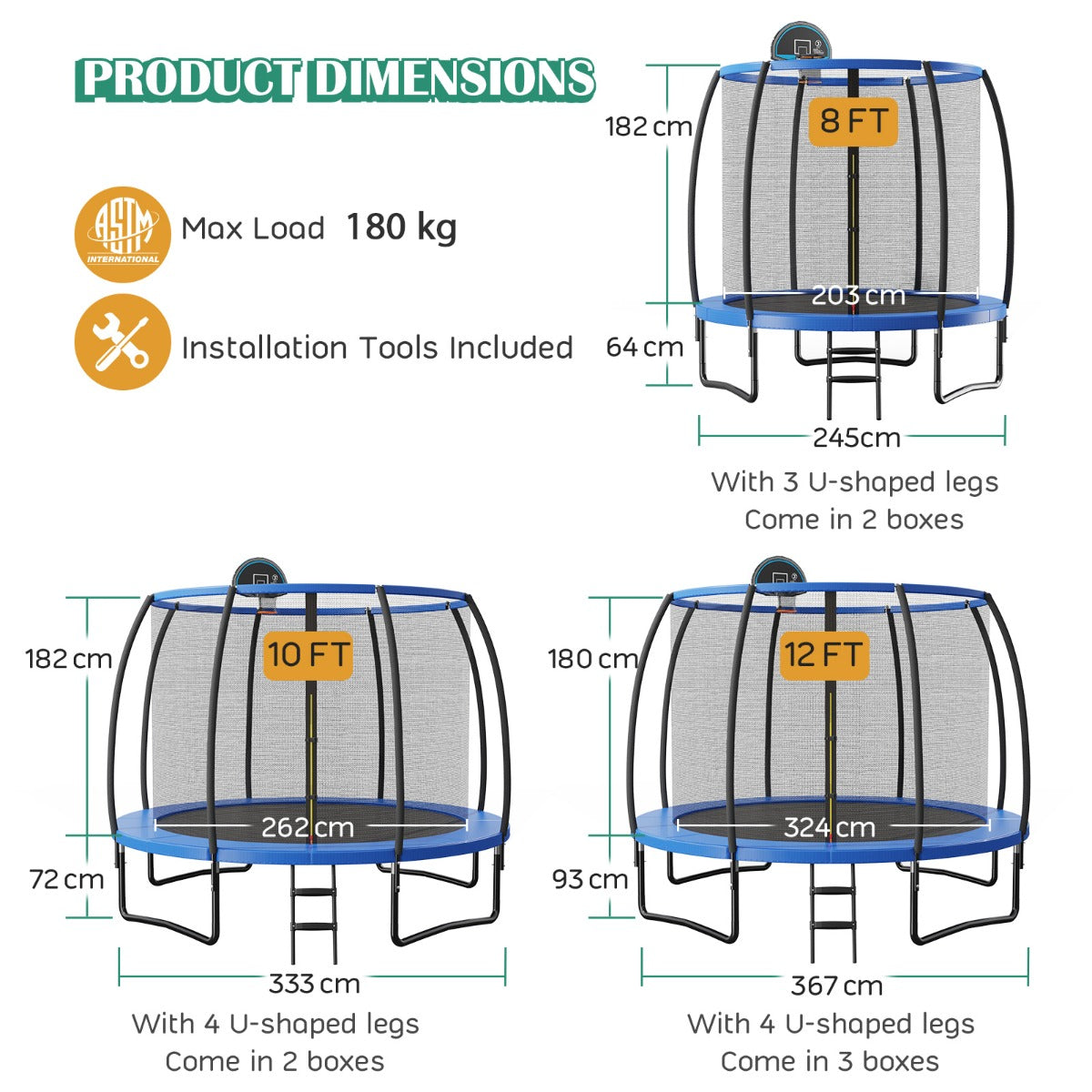 12 Ft Blue Trampoline | Basketball Hoop & Enclosure Net