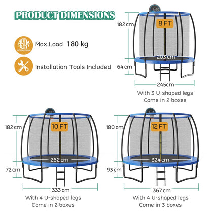 12 Ft Blue Trampoline | Basketball Hoop & Enclosure Net