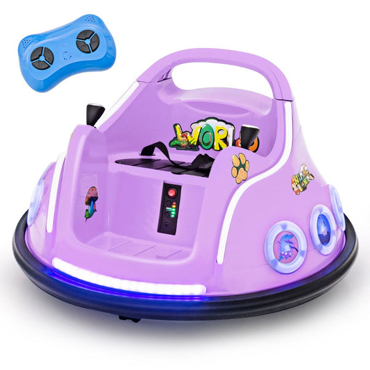 Purple 12V electric bumper car with 360-degree rotation offers thrilling rides and interactive fun for children.