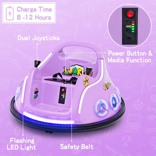 Purple 12V electric bumper car with 360-degree rotation offers thrilling rides and safe entertainment for children.