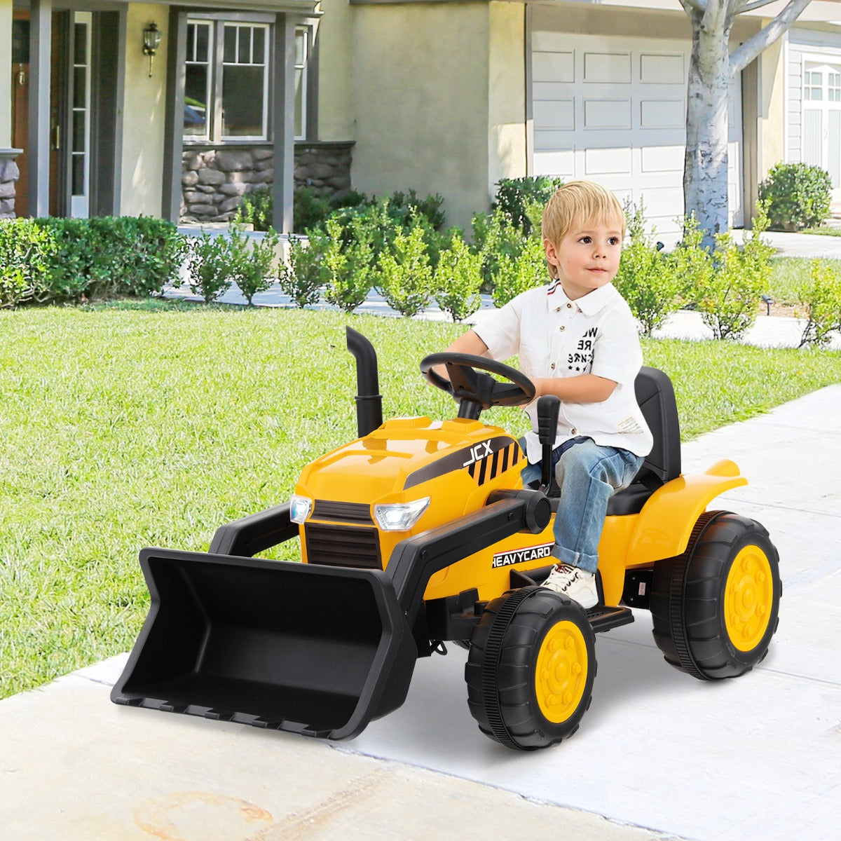 Kids electric excavator toy with remote control and adjustable bucket for interactive home play.