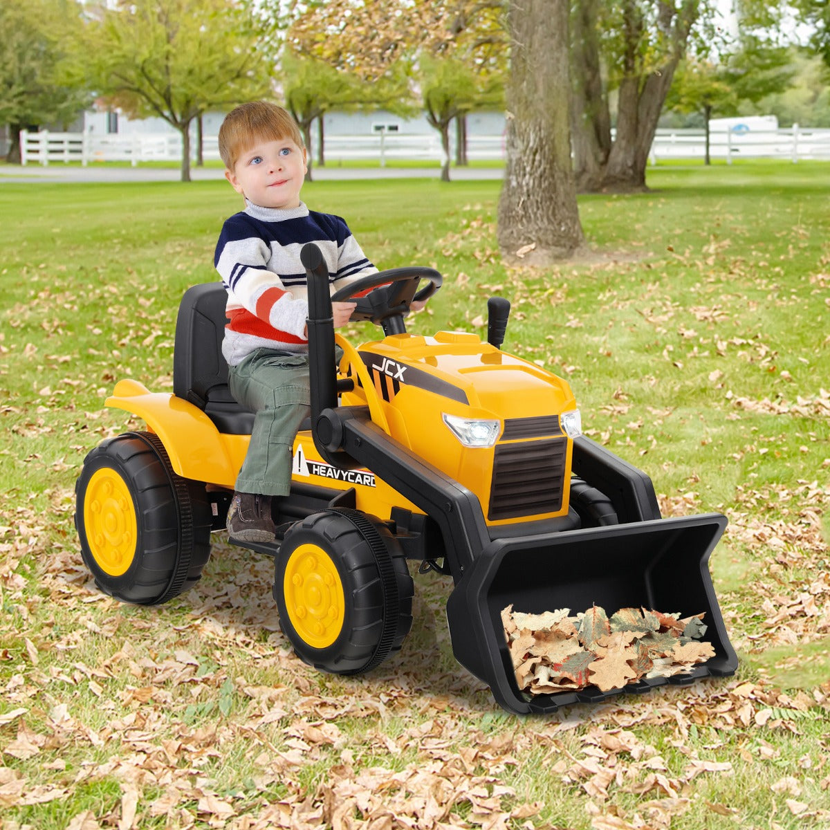 Kids 12V Electric Excavator Ride-On Toy with Remote Control, ideal for indoor/outdoor play.