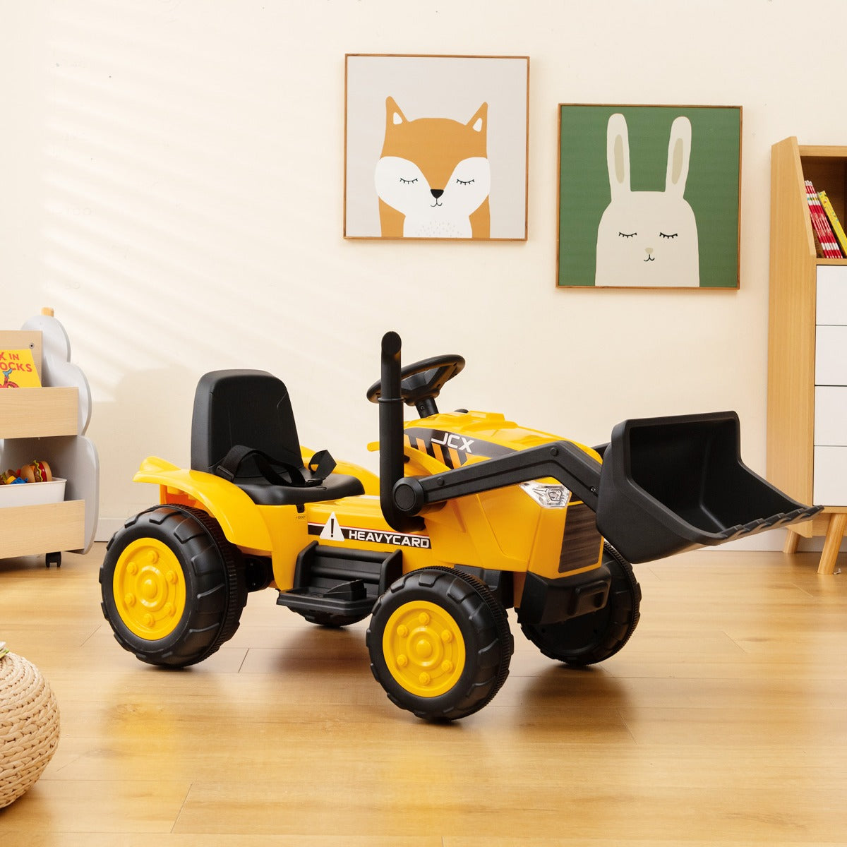 Kids 12V Electric Excavator Ride-On Toy with Remote Control and Adjustable Bucket for home play.