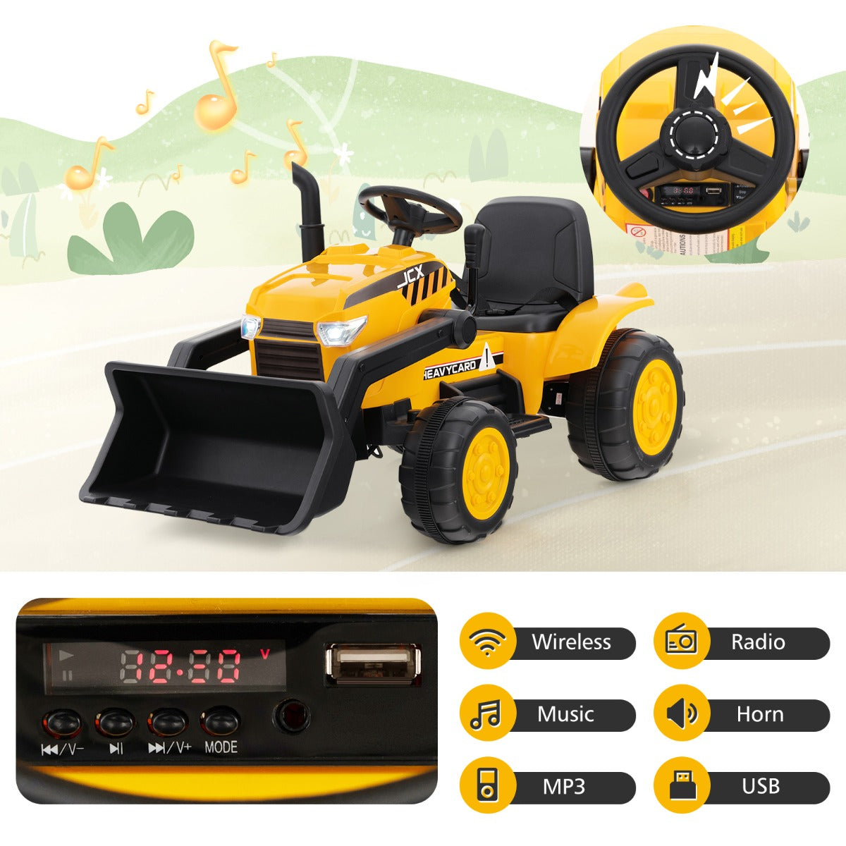 Electric excavator ride-on toy for kids, controlled remotely with adjustable bucket. Entertainment at home.
