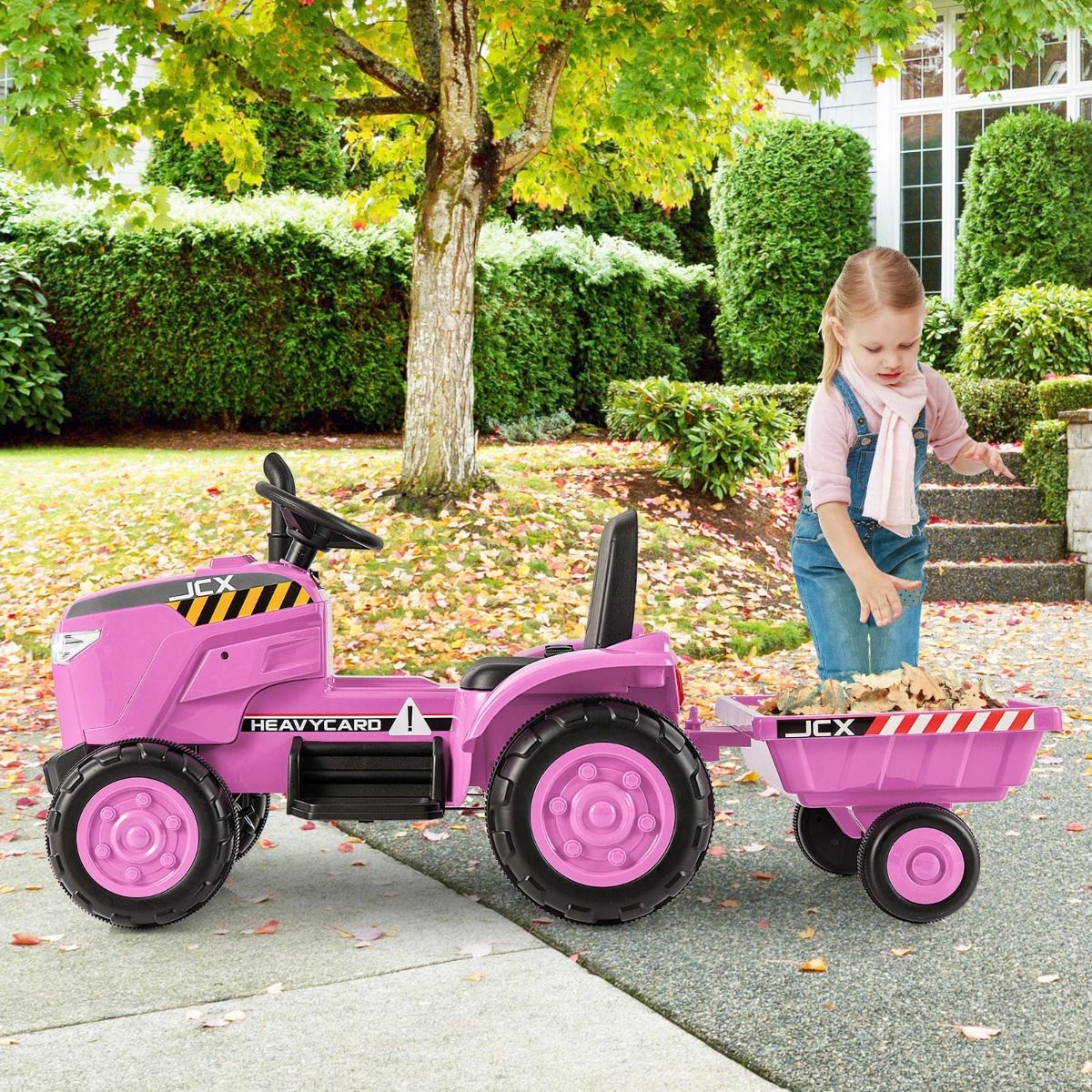 Pink 12V Kids Electric Tractor w/ Trailer and Remote Control for fun, imaginative play at home.