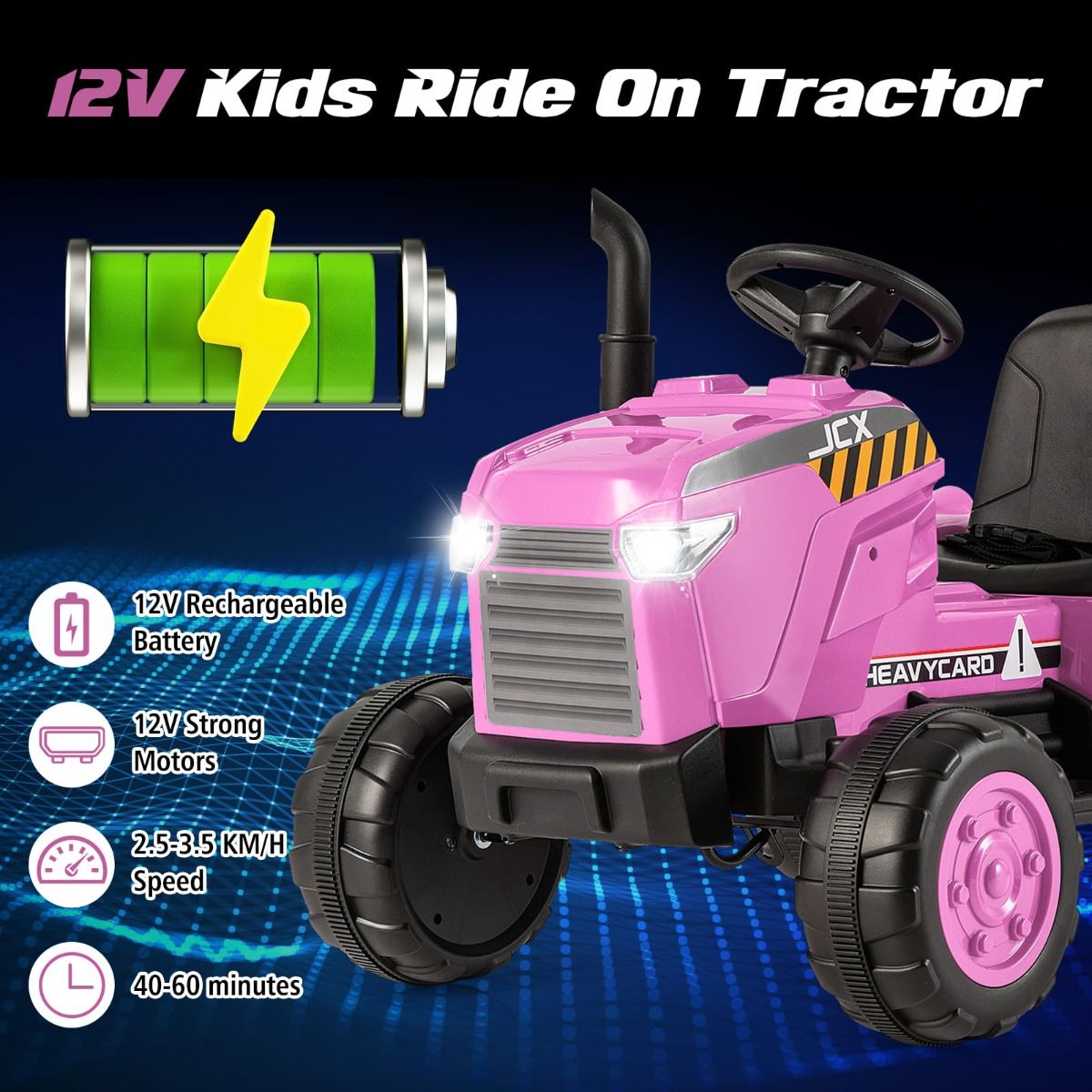 Pink 12V Kids Electric Tractor with Trailer and Remote Control for fun-filled playtime at home.