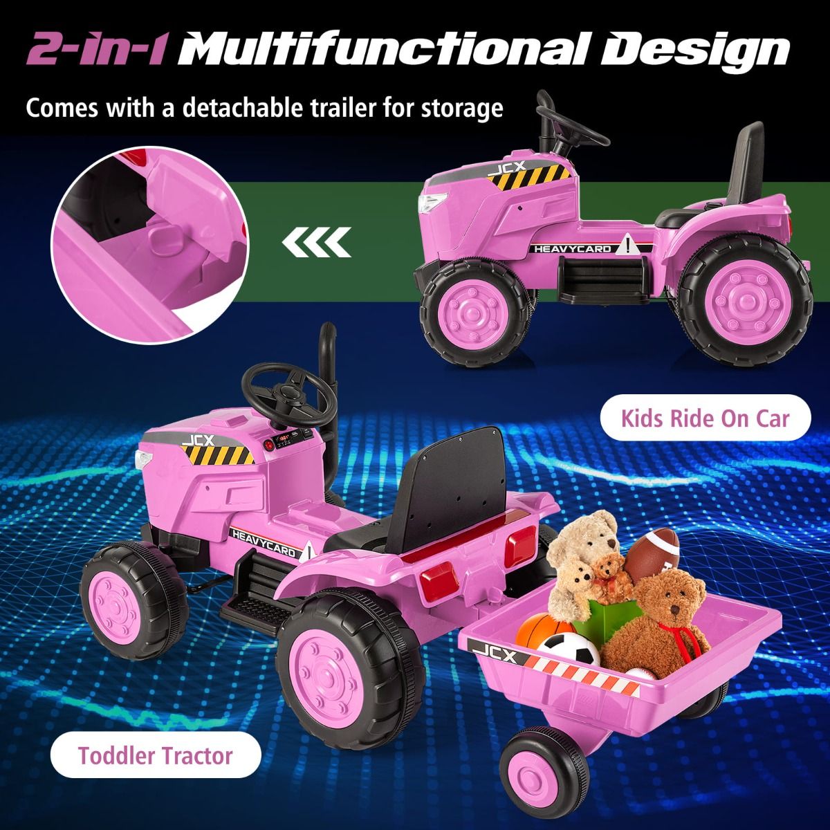 12V Pink Electric Tractor with Remote Control and Trailer, perfect for kids outdoor play.
