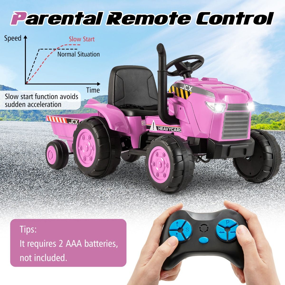 Pink 12V Kids Electric Tractor with Trailer and Remote Control, perfect for playful home adventures.