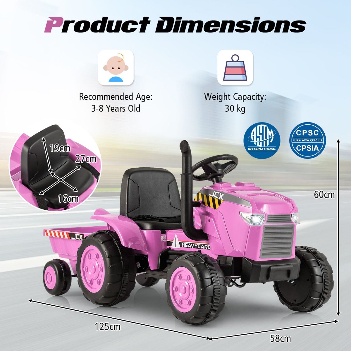 12V Pink Kids Electric Tractor with Trailer and Remote Control for fun play at home