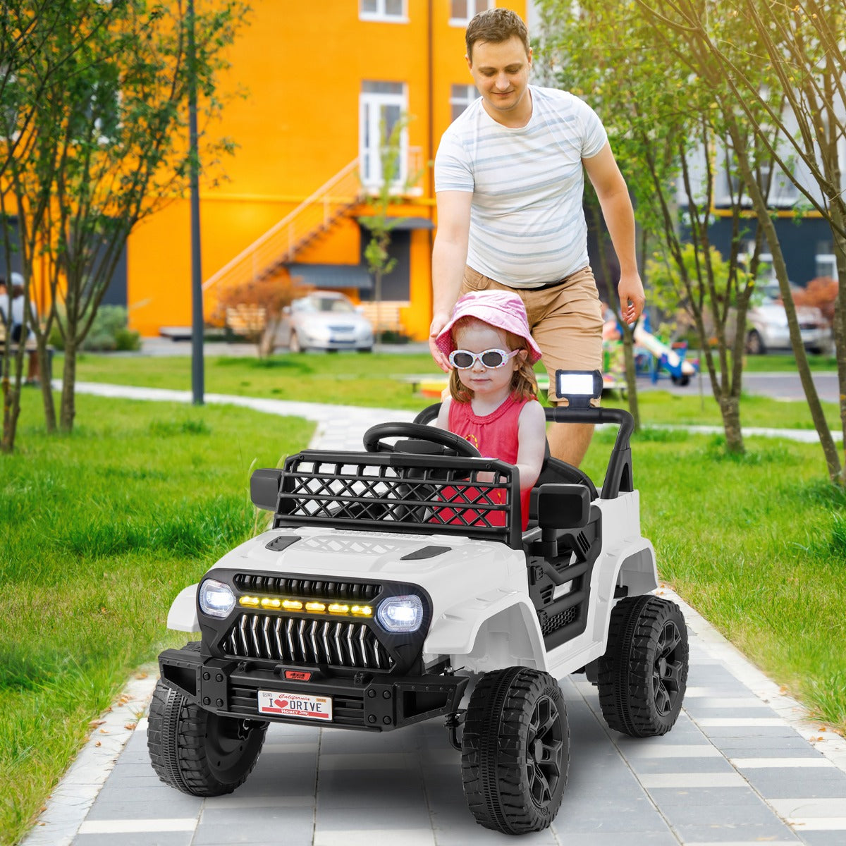 Electric ride-on truck for children with LED lights and remote control, offering realistic driving experience.