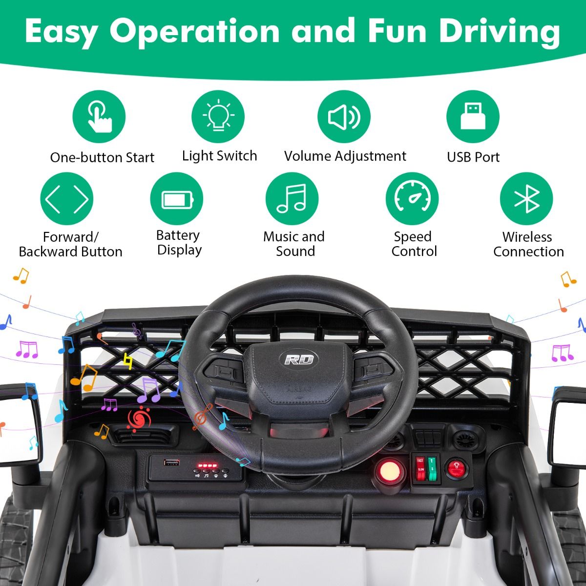 Electric ride-on truck for children with LED lights and remote control, offering realistic driving experience.