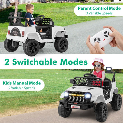 Electric ride-on truck for children features white LED lights and remote control for safe, interactive outdoor fun.
