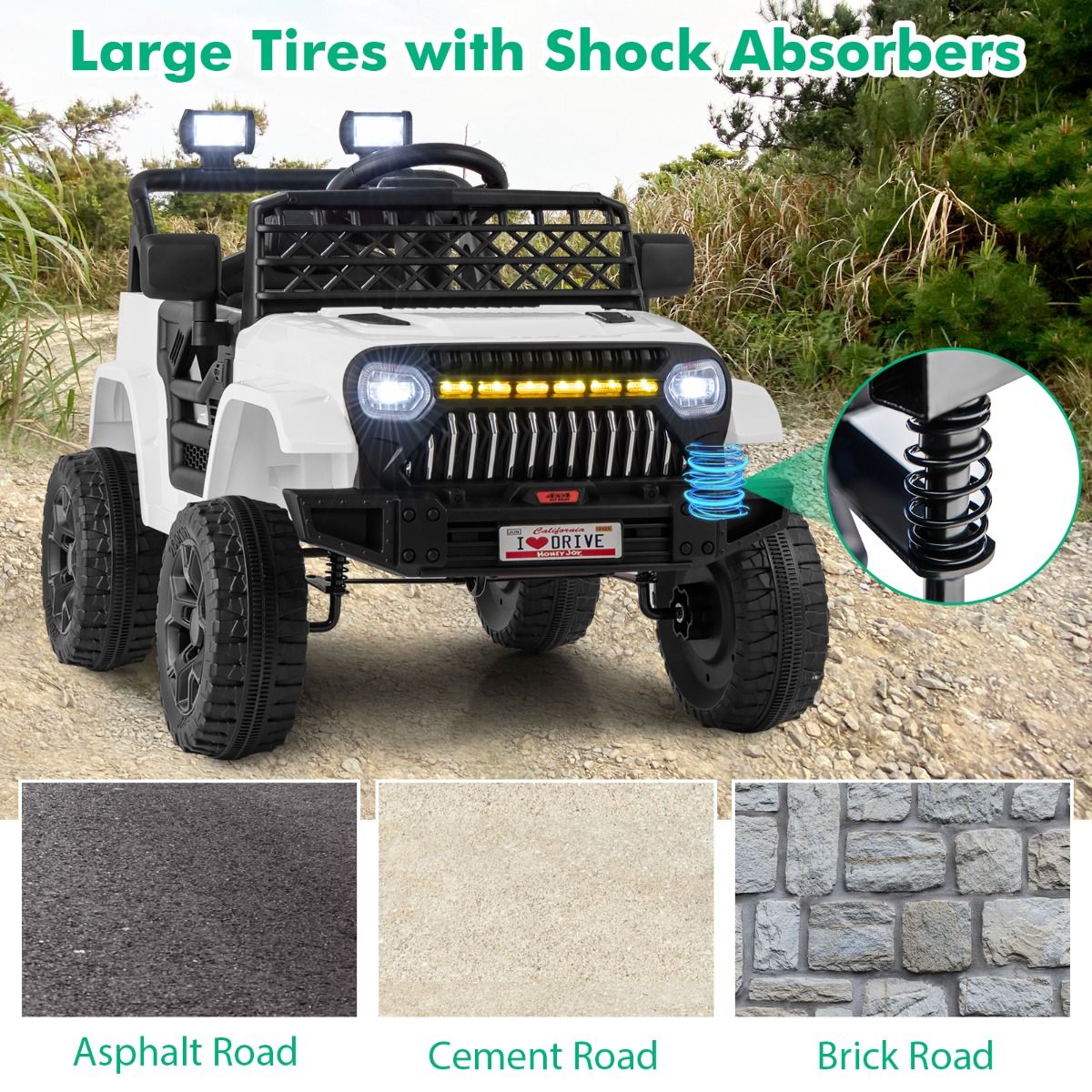 Electric ride-on truck for children with remote control, white LED lights, and 12V power for outdoor fun.