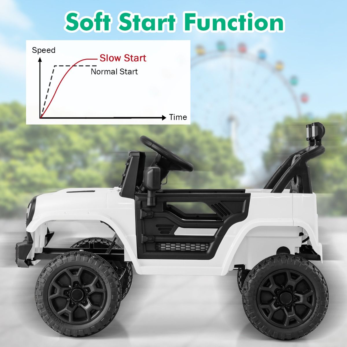 Electric ride-on truck for kids with white LED lights and remote control for parental supervision.