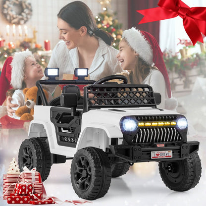 Electric ride-on truck for kids with white LED lights and remote control, offering realistic driving experience.