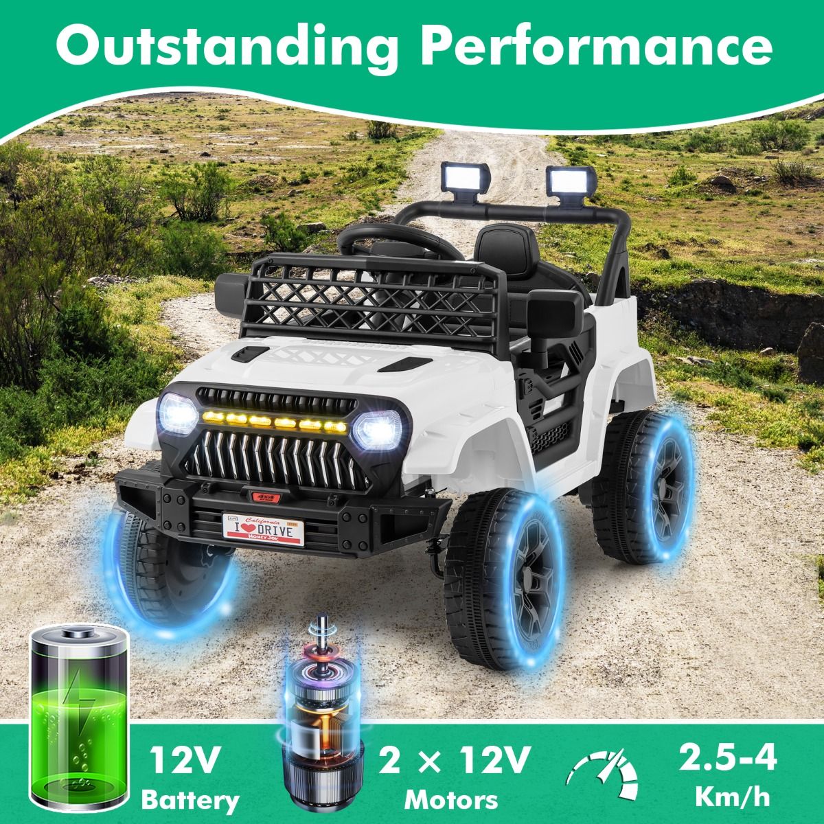Electric ride-on truck for children with LED lights and remote control, offering a realistic driving experience.