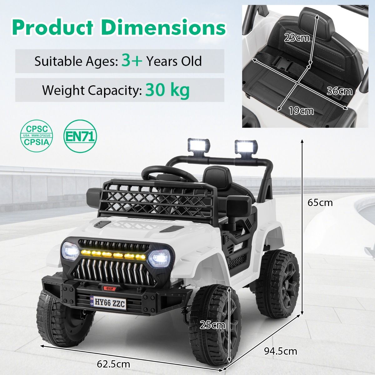 Electric ride-on truck for children with white LED lights and remote control for parental supervision.
