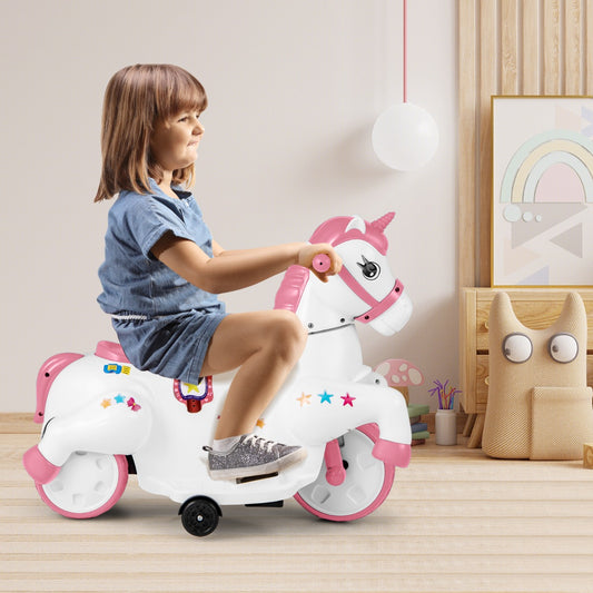 Pink electric unicorn ride-on toy with music features and removable training wheels for beginner riders.