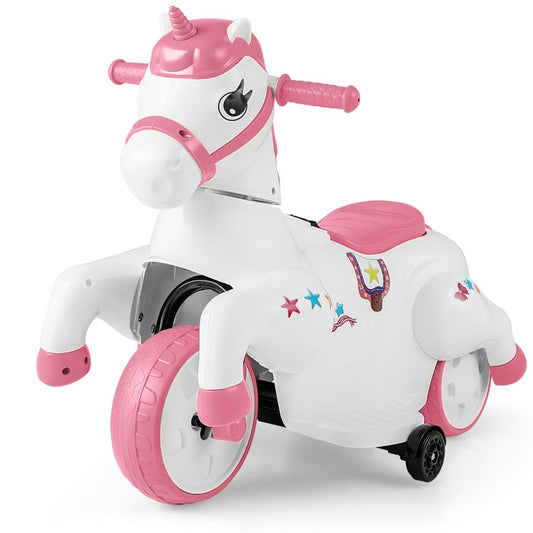 Pink unicorn ride-on toy with 12V power, music features, and training wheels for magical playtime adventures.