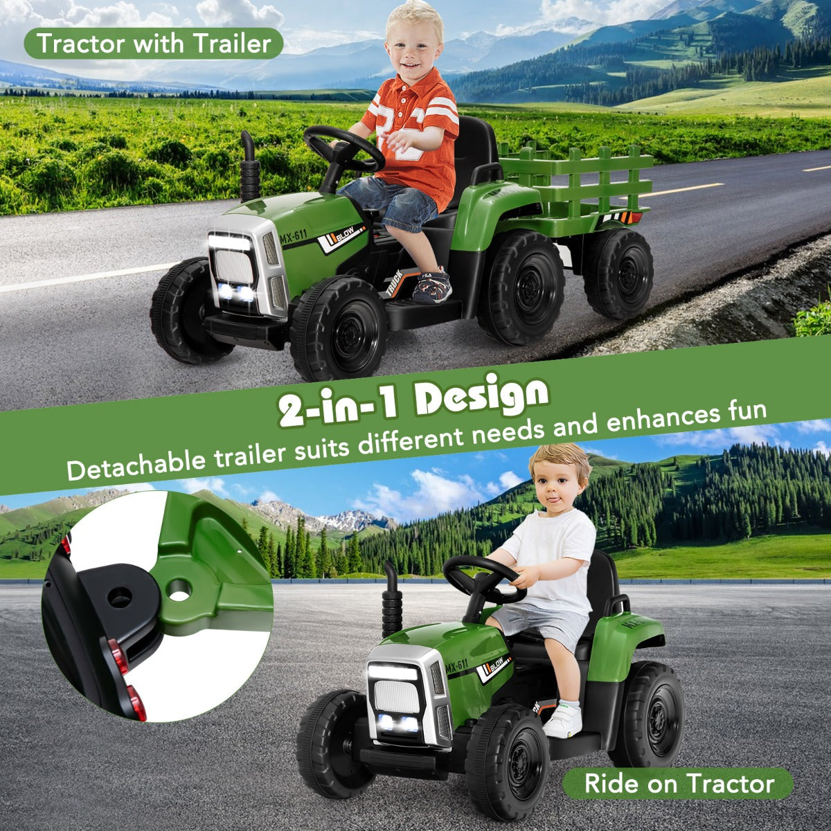 12V Kids Ride-On Tractor with Detachable Trailer and Remote Control for home playtime.