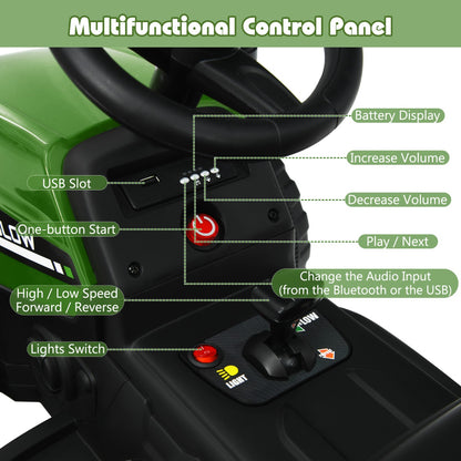 Kids dark green 12V ride-on tractor with detachable trailer and remote control for home play.