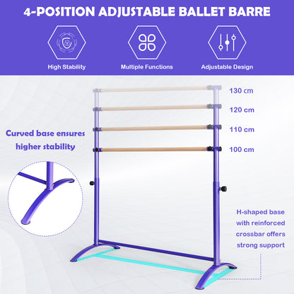 130cm Purple Ballet Barre | 4 Height Adjustable Beech Wood Bar
