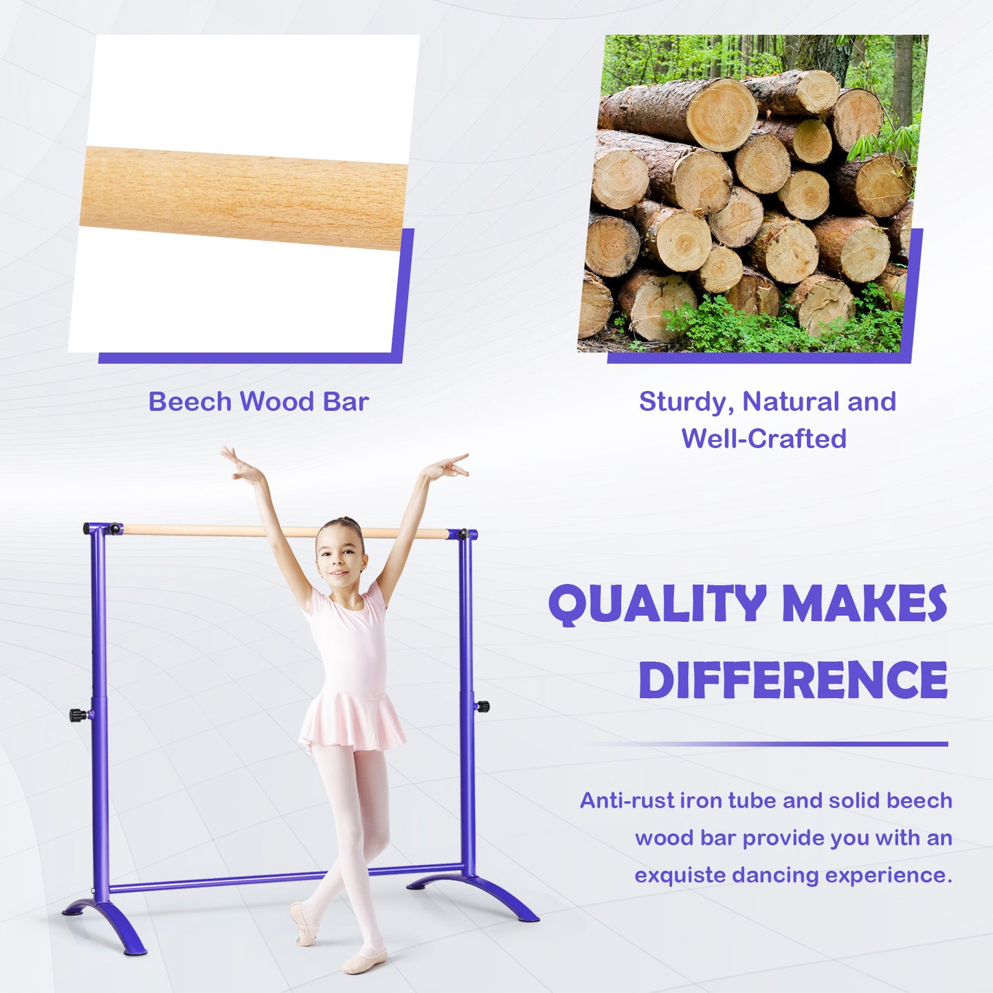 130cm Purple Ballet Barre | 4 Height Adjustable Beech Wood Bar