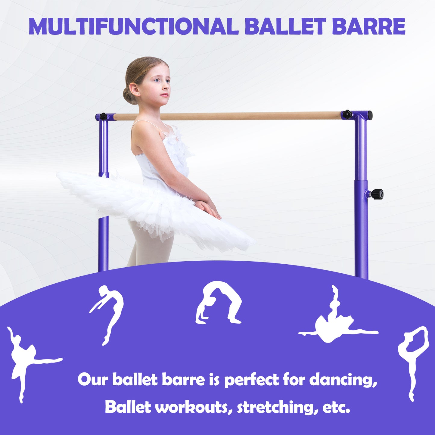 130cm Purple Ballet Barre | 4 Height Adjustable Beech Wood Bar