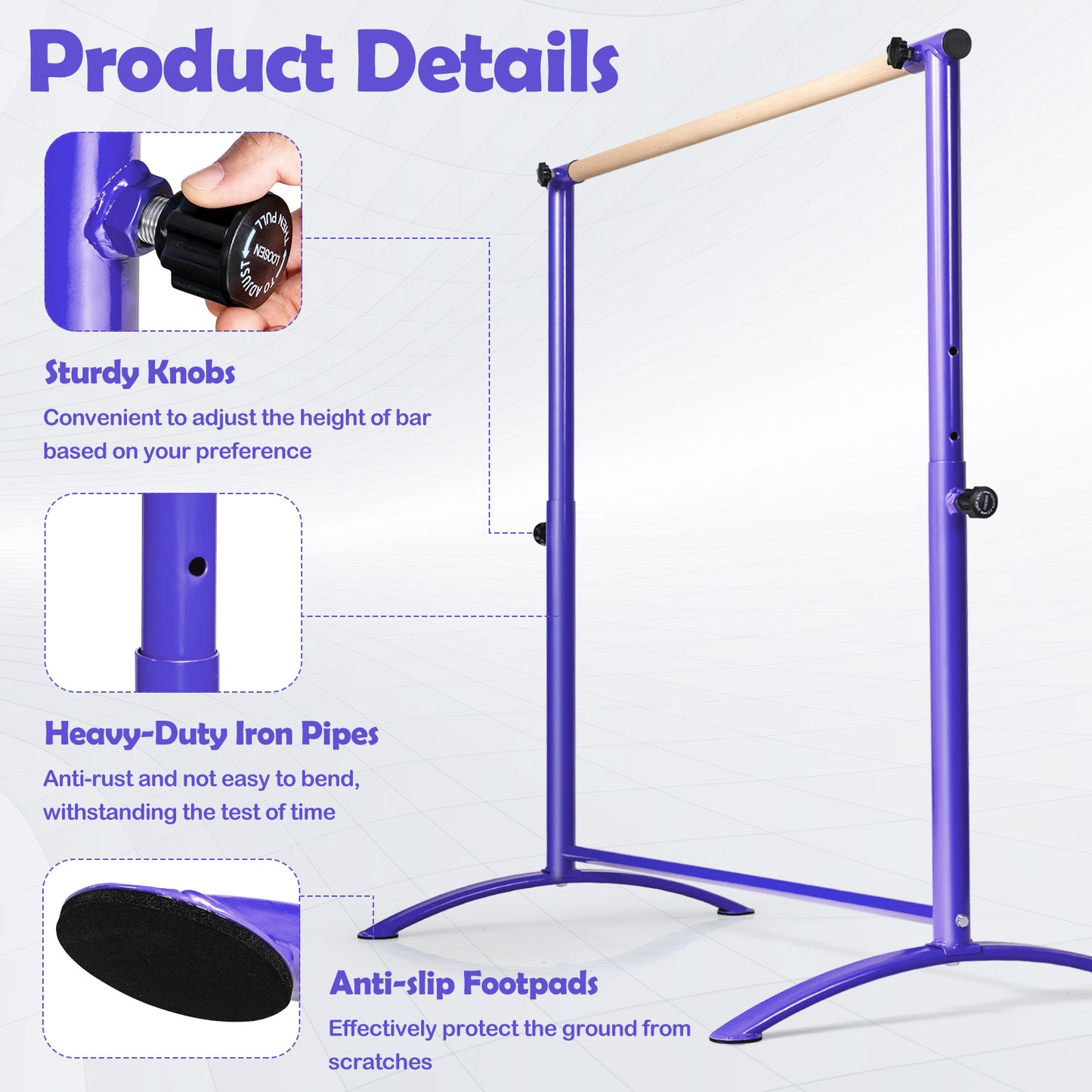 130cm Purple Ballet Barre | 4 Height Adjustable Beech Wood Bar