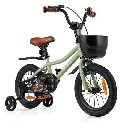 Costway 36 cm &amp; 40 cm &amp; 46 cm Adjustable Kids Bike with Training Wheels-Green-14 inches