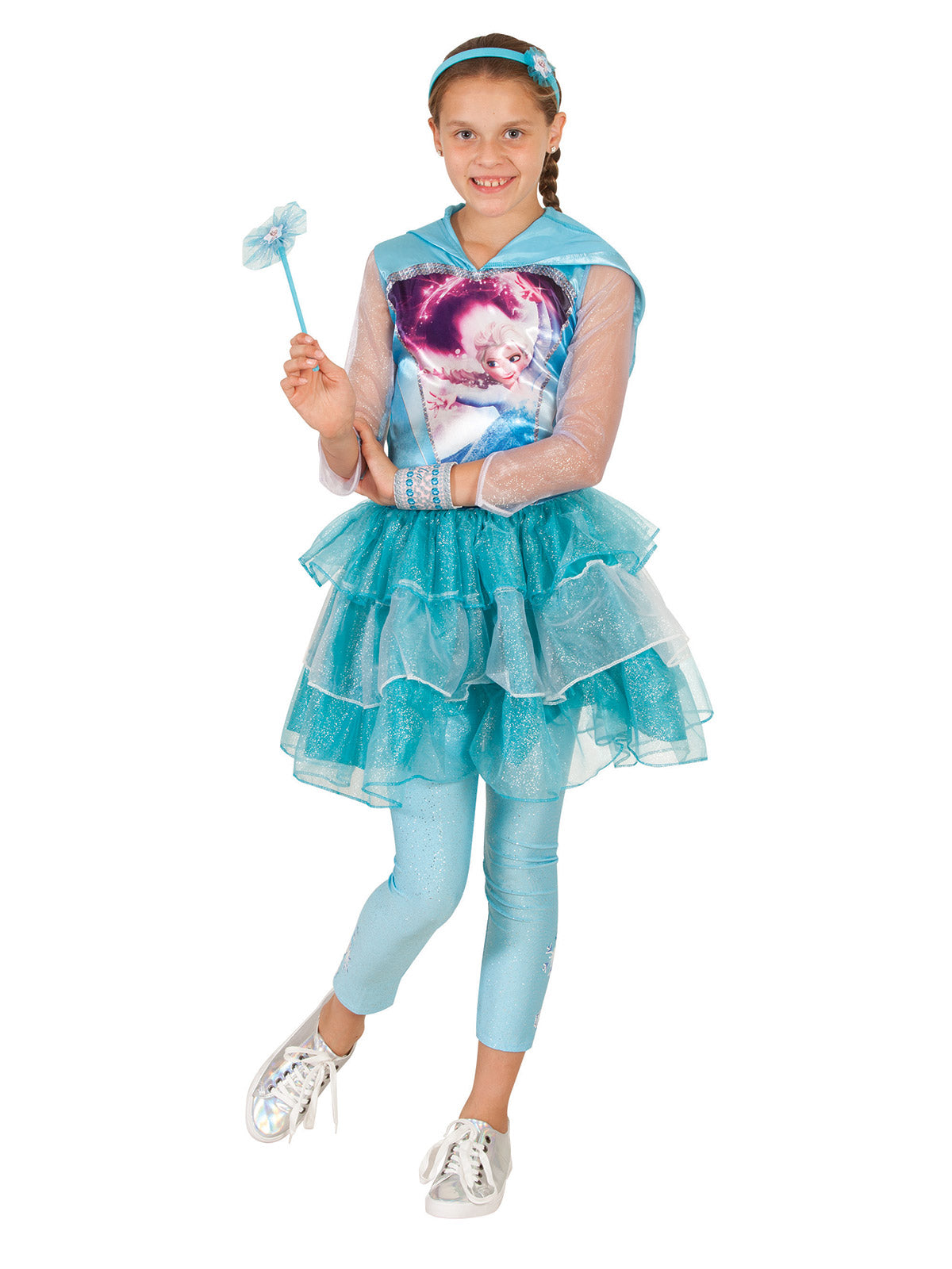 Elsa Frozen Disney Princess hooded dress costume for girls, perfect for imaginative play.