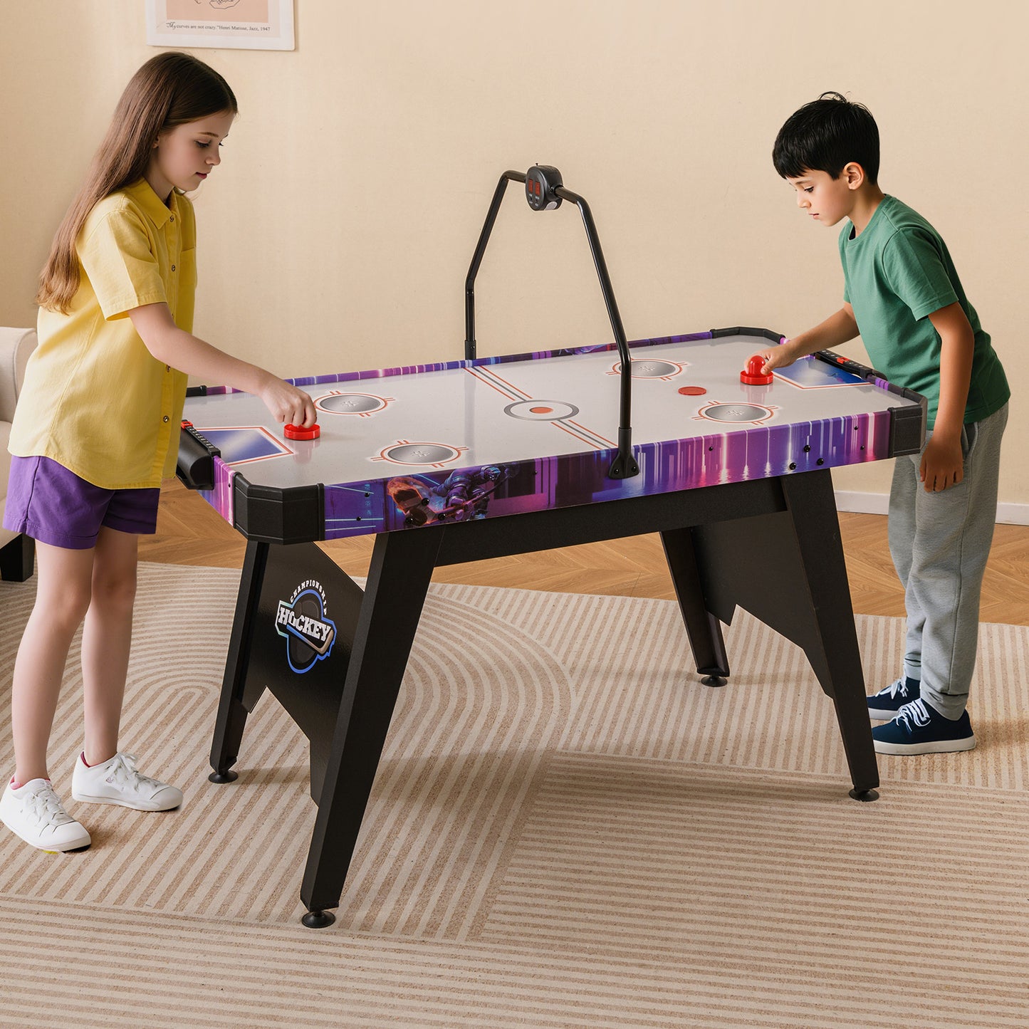 145 CM Air Hockey Table with Powerful 12V Motor and LED Digital Scoreboard-White