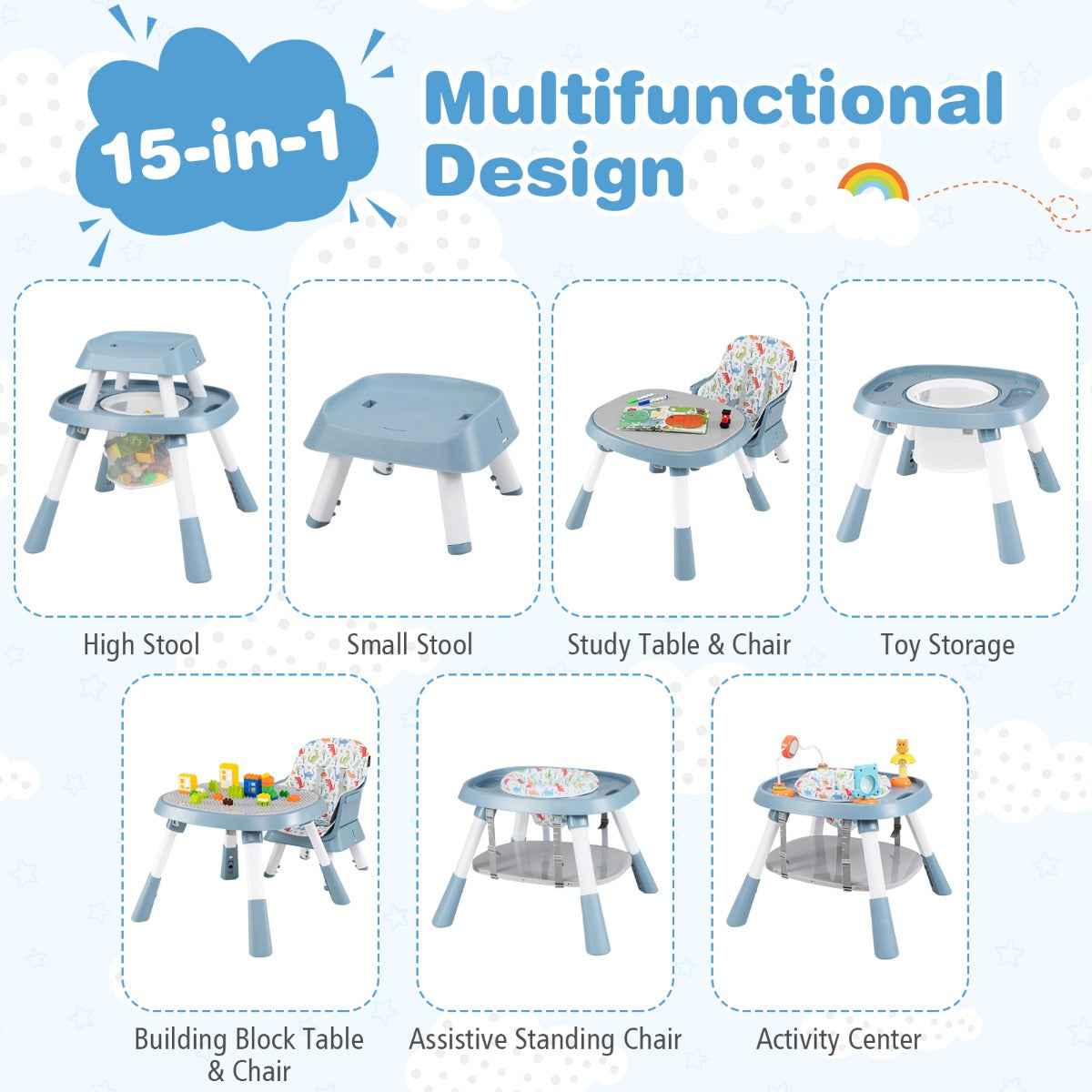 15 In 1 Blue High Chair | Adjustable Height & Removable Tray