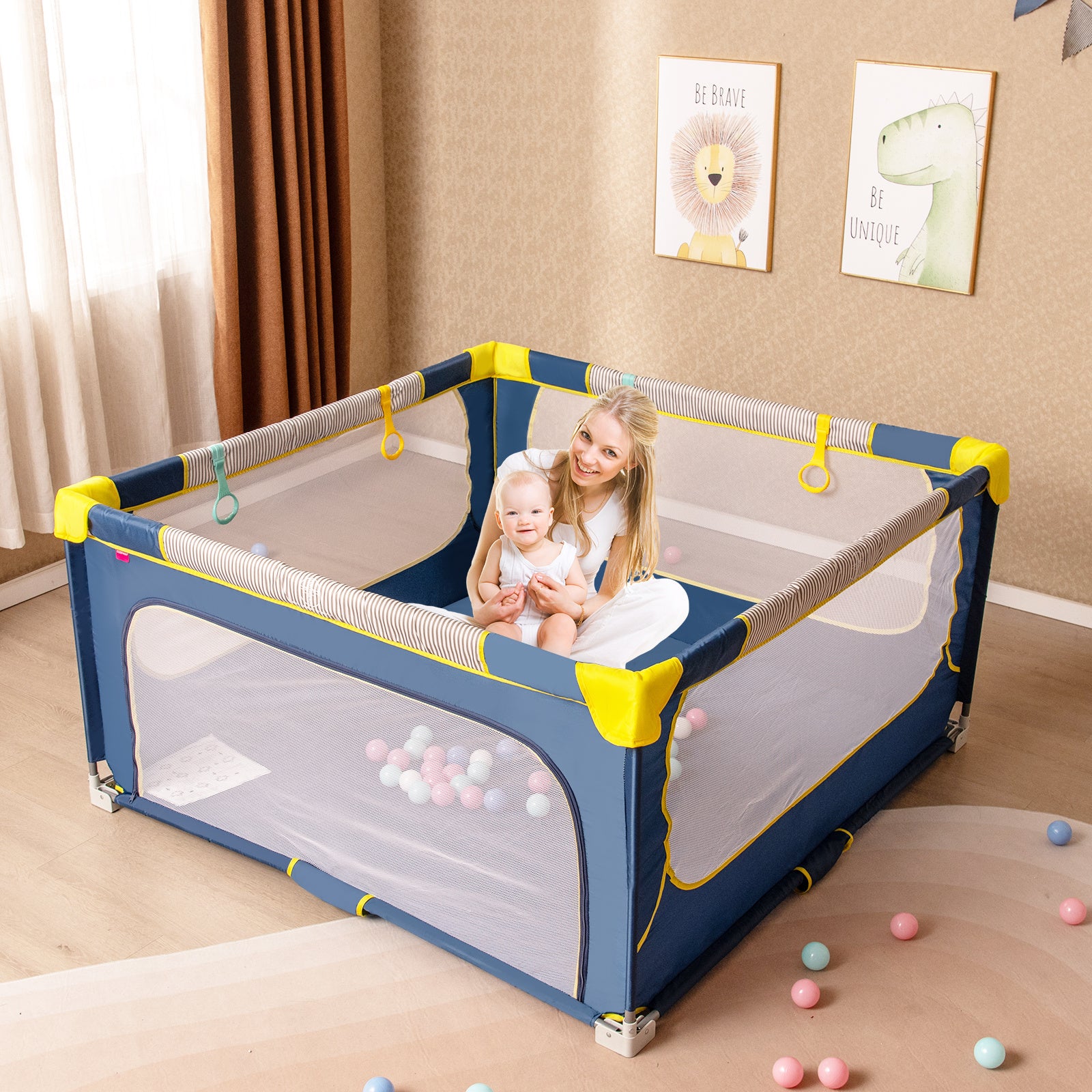 Costway 150cm x 150cm Large Baby Playpen with Zipper Gate-Blue