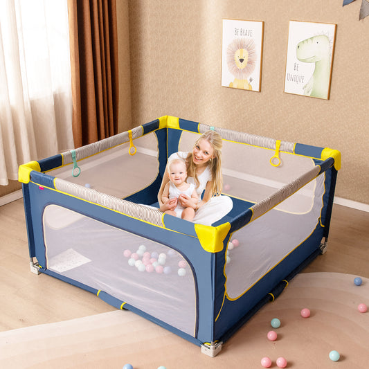 Costway 150cm x 150cm Large Baby Playpen with Zipper Gate-Blue