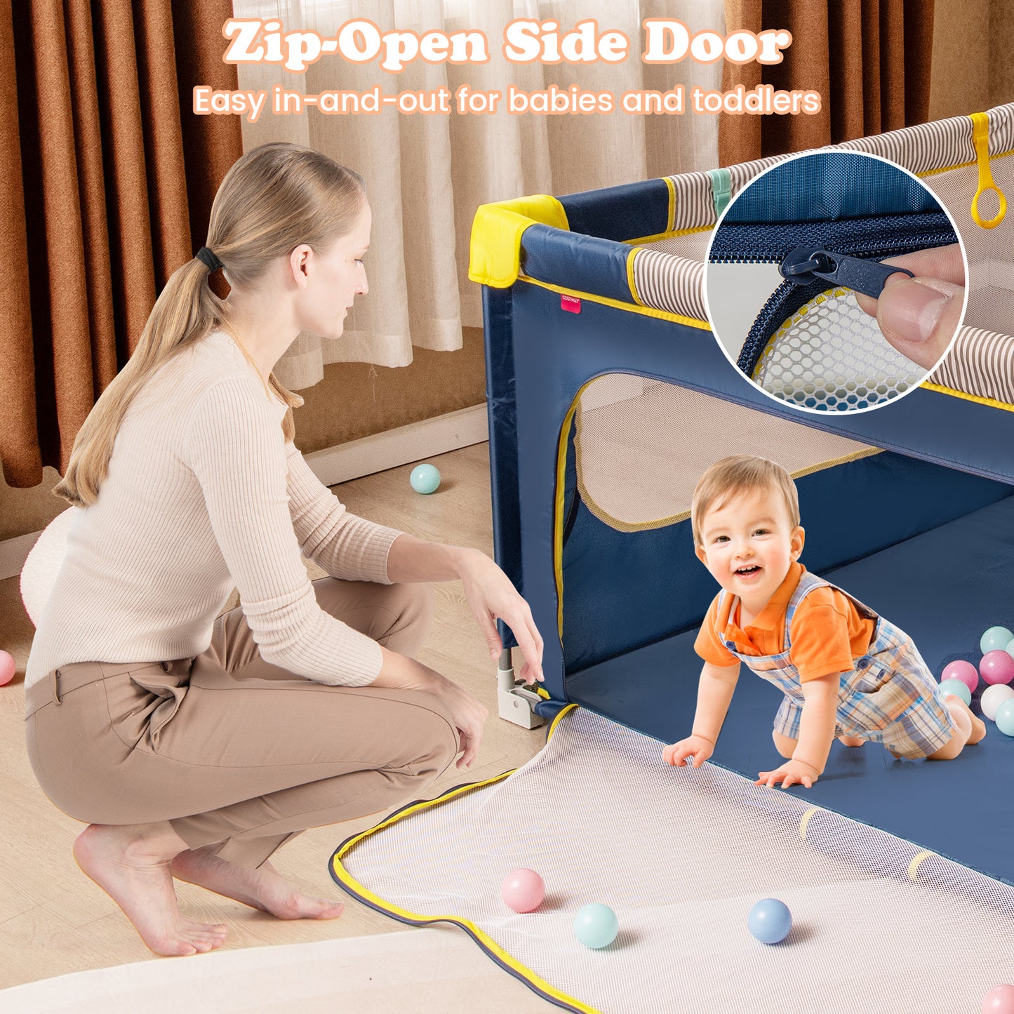 Blue Baby Playpen 150x150cm | Mesh View Zip Gate & Balls