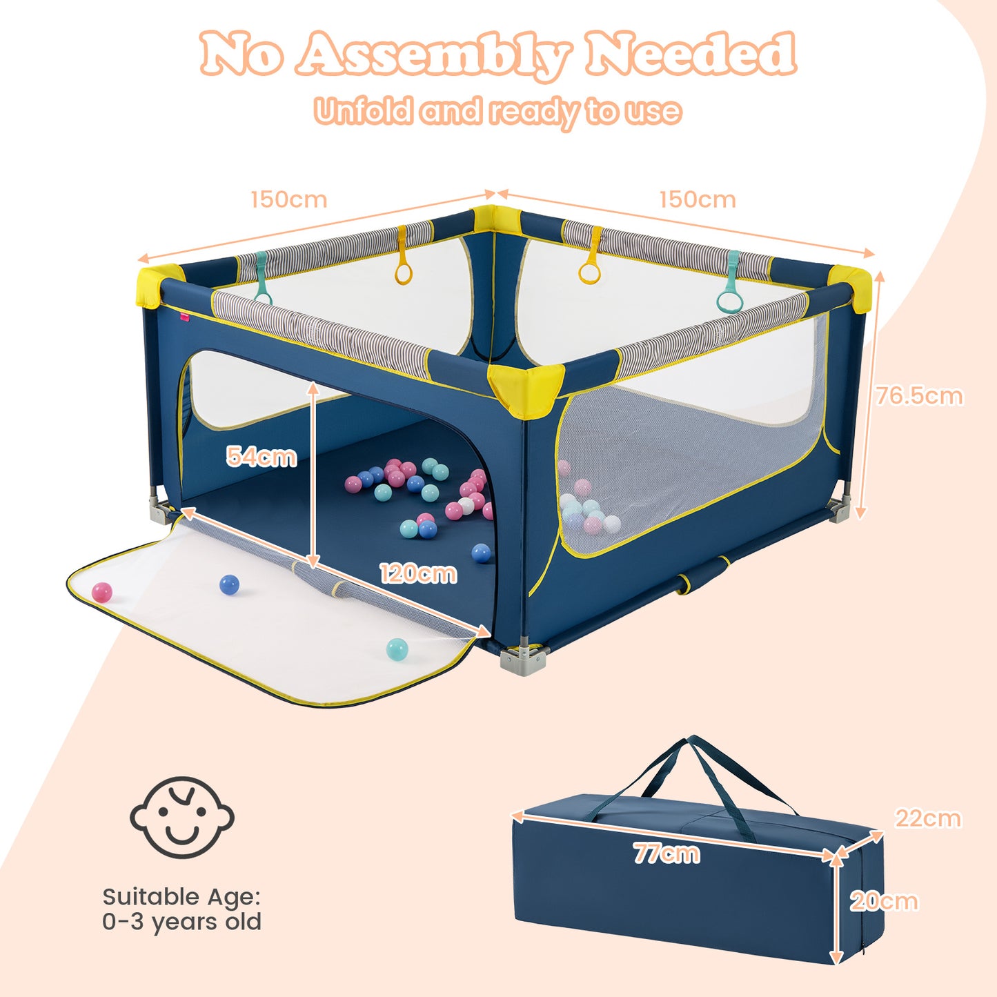 Blue Baby Playpen 150x150cm | Mesh View Zip Gate & Balls