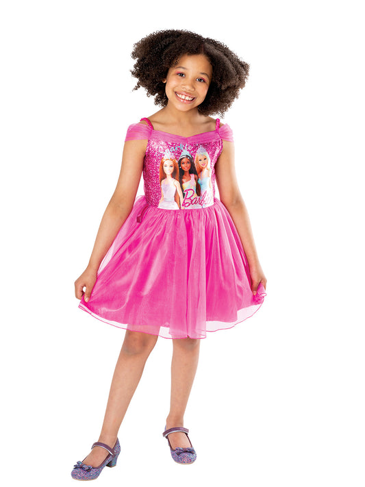 Barbie pink tutu dress costume with doll holder, perfect for imaginative play at home.