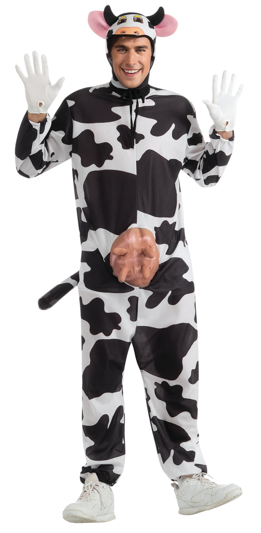 Adult comical cow costume for imaginative play and dress up fun at home.