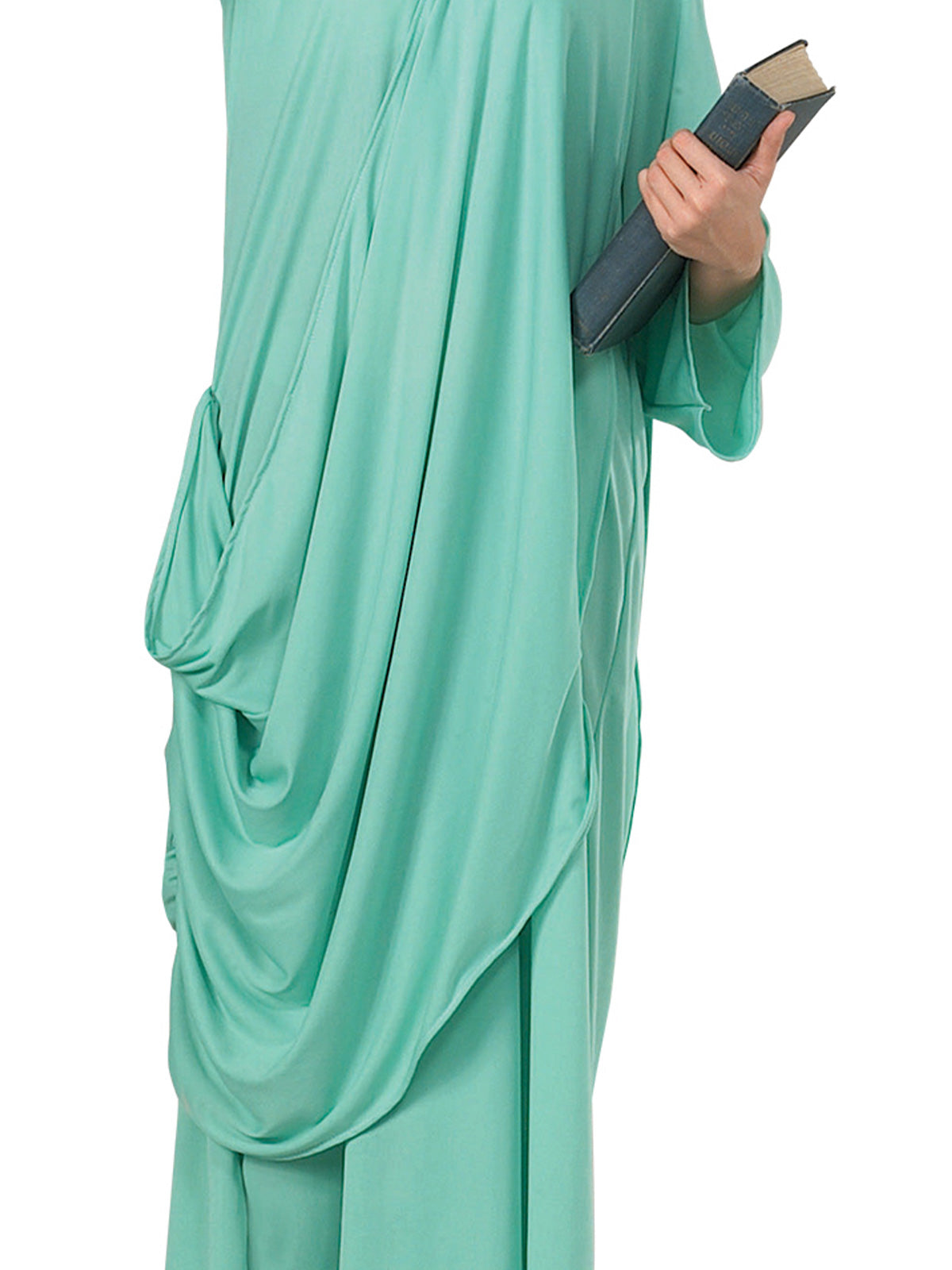 Adult Statue of Liberty costume; green robe, tiara, torch; ideal for patriotic dress-up play.