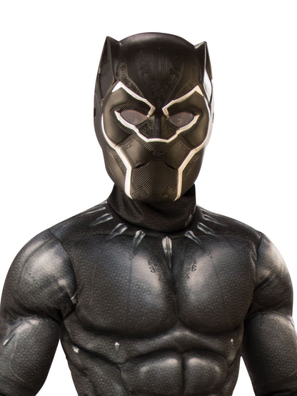 Black Panther Marvel costume for kids with muscle detailing, perfect for dress-up play.