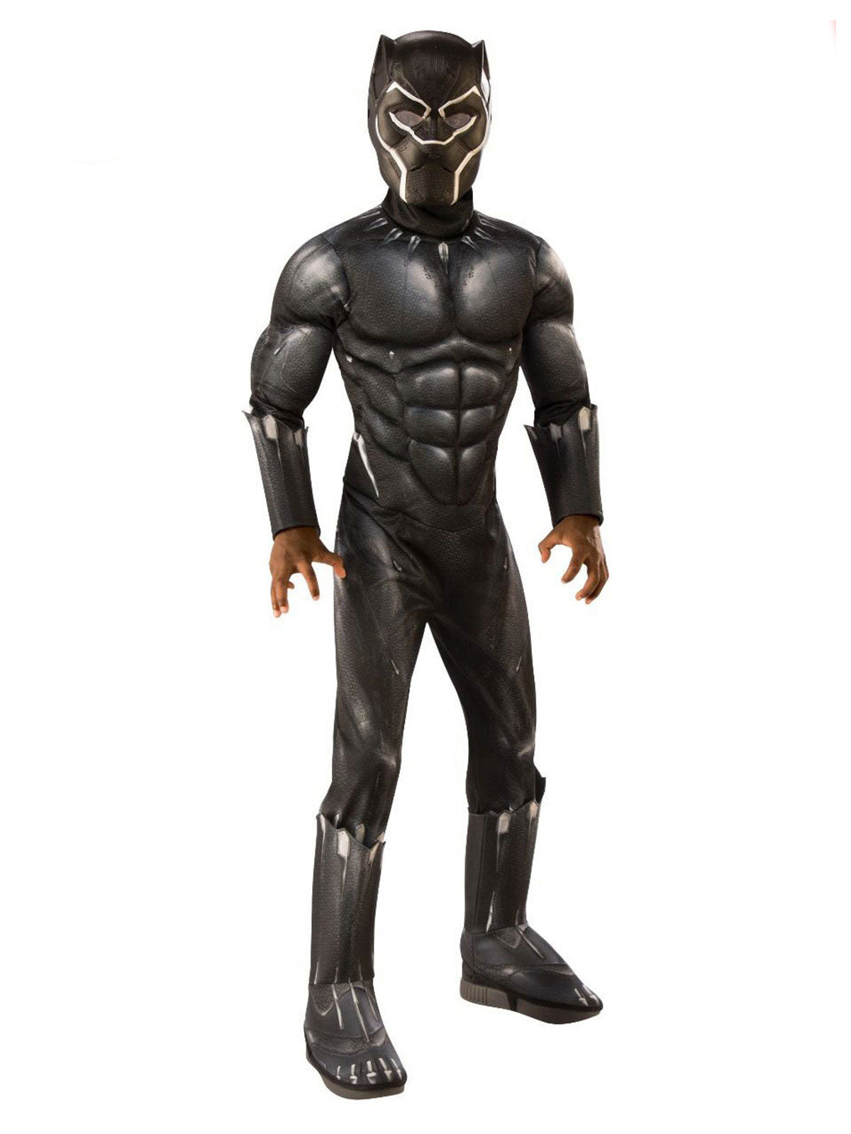 Official Black Panther Marvel Kids Deluxe Muscle Costume for powerful superhero play at home.