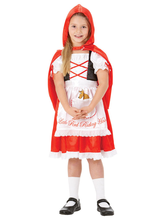 Child wearing a Little Red Riding Hood costume with a white background