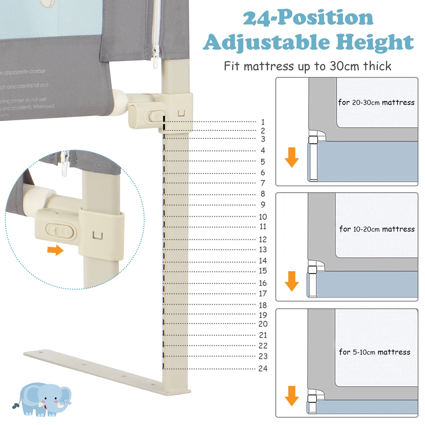 175cm Grey Oxford Fabric Bed Rail | 24 Height Positions | Mesh