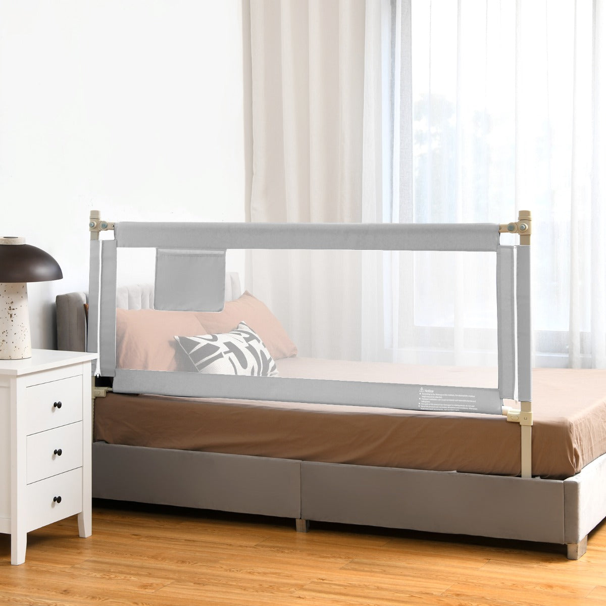  176CM Toddler Bedrail with Adjustable Heights and Side Pocket-Grey