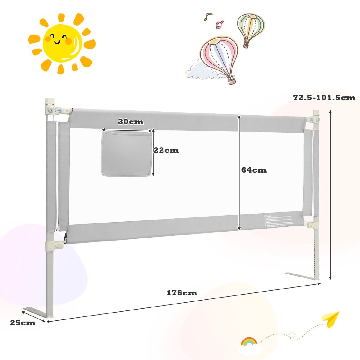 Toddler Bedrail | 176cm Grey Adjustable Height Side Pocket