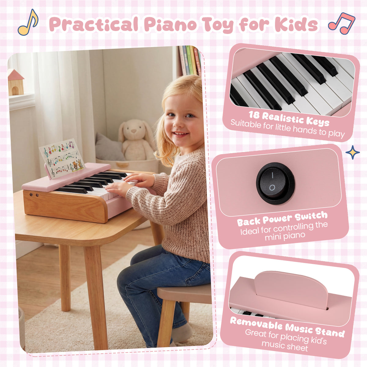 Pink Kids Piano Keyboard | 18 Keys Wooden Musical Toy